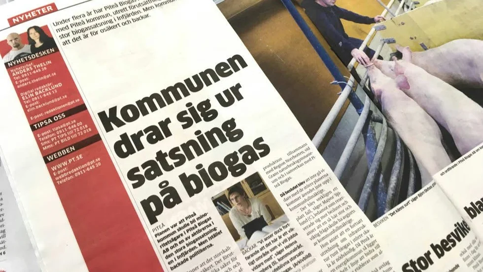 PITEÅ-TIDNINGEN, 4 mars, "Kommunen drar sig ur satsning på biogas".