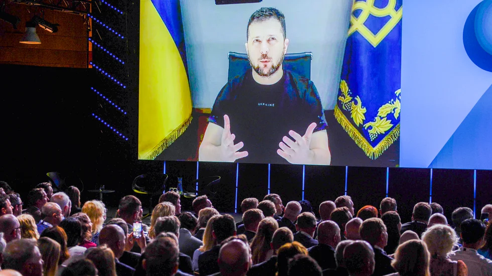 Ett videoframträdande med Ukrainas president Volodymyr Zelenskyj. Arkivbild.