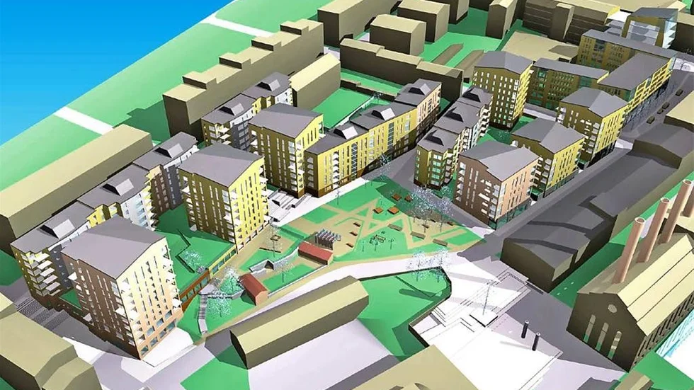 En"flygbild" kan man väl få kalla det, Nederst till höger har vi Värmekyrkan. Vi ser Kvarngatan ringla sig fram, och på dess andra sida stadsdelsparken som ska bli på platsen. Och därbakom en del av all den nya bebyggelse, som det kommer att bli mellan kvarngatan ochS:t Persgatan.

Arkitektbild: Tengbom, Lund & Vakentin