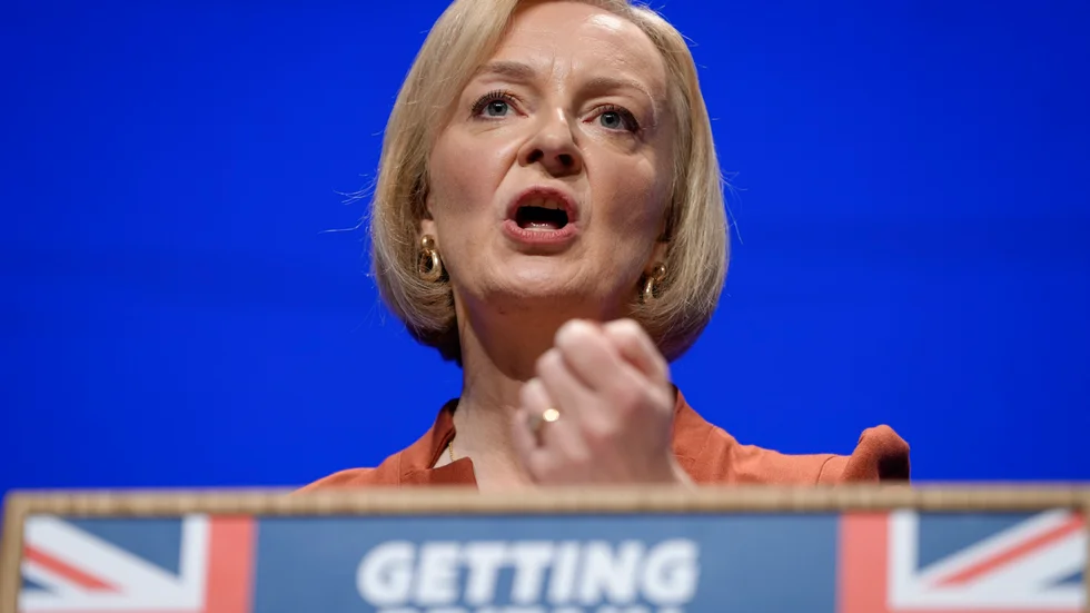 Storbritanniens preimärminsiter Liz Truss vid sitt tal till kongressen.