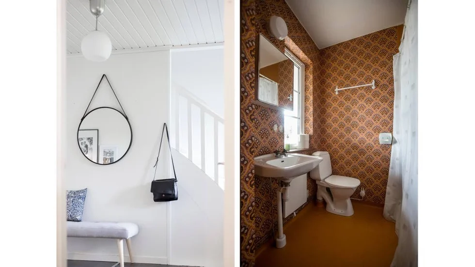 Bakom den här väggen i hallen döljer sig bland annat ett förråd, ett stort gästrum. // Samt husets enda orörda rum i form av en charmig toalett. Den är i behov av renovering och här planerar familjen att ta ut svängarna och göra den riktigt murrig och mysig.