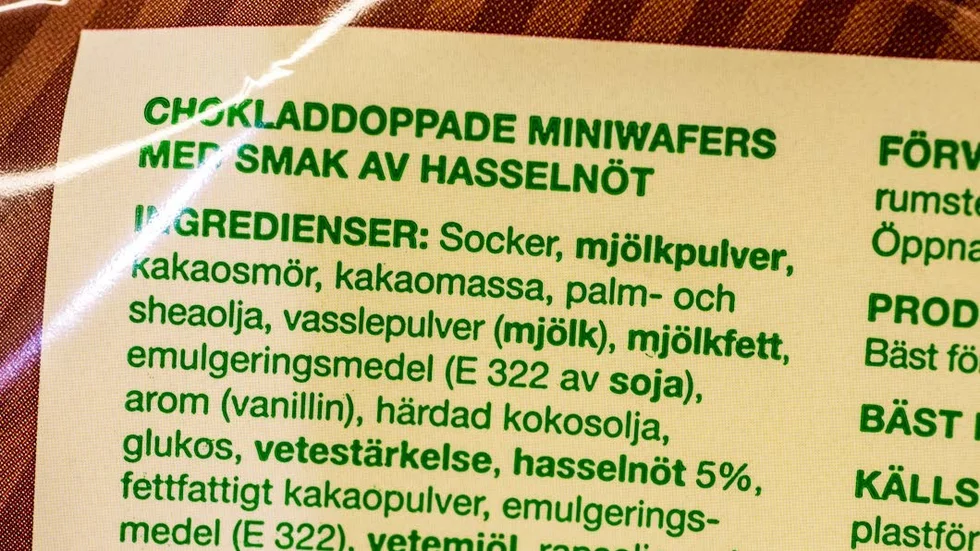 Finstilt. Livsmedelimportören Plivit Trade fick kritik vid en inspektion för att text i innehållsdeklarationerna var för finstilt. Bilden föreställer en innehållsdeklaration från ett annat företag,