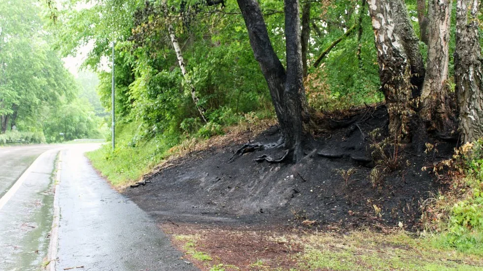 Brandplats. Här tändes en övergiven bil på för en vecka sedan- Bilen är borta men spåren efter elden finns kvar.