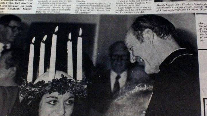Klipp ur Motala & Vadstena tidning 14 december 1984, dagen efter att biskopen Martin Lönnebo hade krönt Elisabeth till Motala lucia.