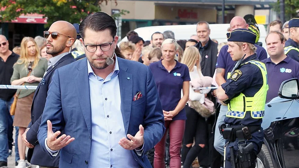 Jimmy Åkesson (SD) under torgmötet i Motala.