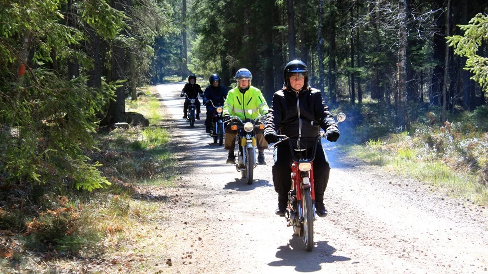Veteranmopparna - merparten från 50-talet till mitten av 70-talet, kom knattrande mot det hägrande målet vid Försjön. Foto: Rebecca Forsgren Malmström