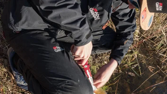 Catch-and-release. Gäddan som Adrian fångade släpps tillbaka i vattnet. Han använder en särskild tång för att lossa draget.