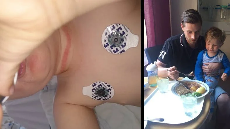 James, 2,5 år, hittades i förskolans lokaler när han hängde medvetslös med ett rullgardinsnöre virat runt halsen.
Pappa Andreas Karnevald tar hand om sin son på sjukhuset.