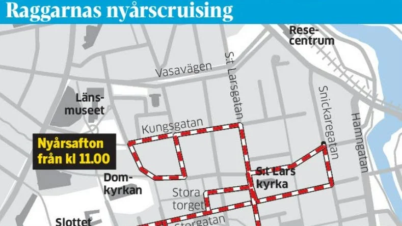 Färdvägen. Här kan du se bilarna. Vid S:t Larskyrkan kommer kortegen passera flera gånger.