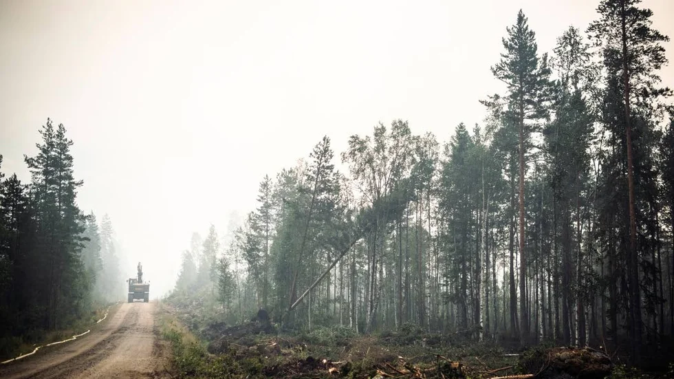 Mellan den 19 juli och 5 augusti deltog personal från Västerviks räddningstjänst vid skogsbränder i Ljusdal och Bräcke. Bilden är tagen vid Färila utanför Ljusdal. En skogsmaskin anlägger en brandgata.