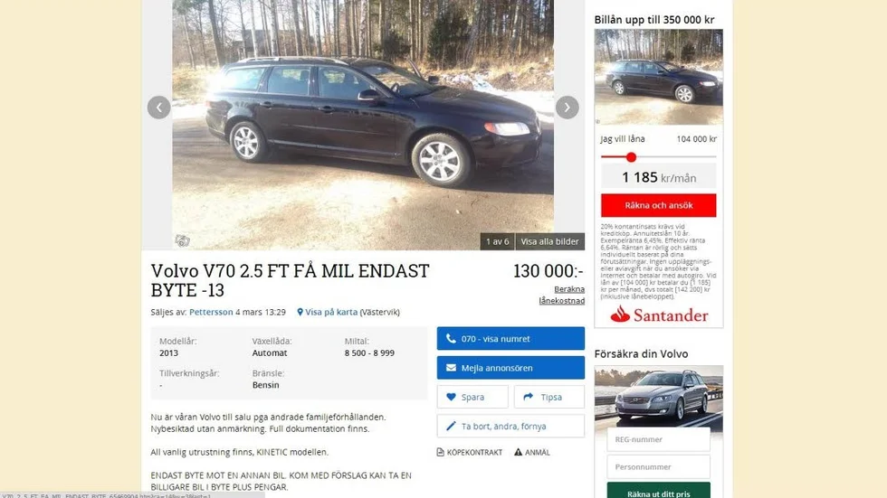 I annonsen står "få mil" och mätaren anger 8 692 mil. I verkligheten har den gått mer än 37 000 mil.