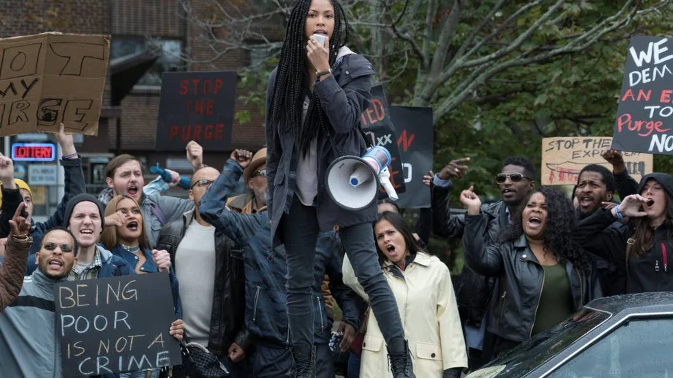 This image released by Universal Pictures shows Lex Scott Davis in a scene from "The First Purge." (Annette Brown/Universal Pictures via AP)