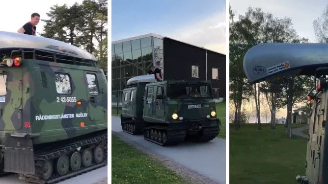 En film, som Lundbybadet lagt upp på sin Facebook-sida, visar när brandmän på en bandvagn rullar in på badplatsen för att återlämna kanoten.