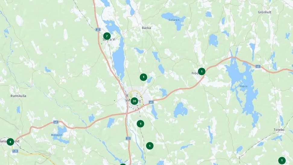 Här finns de registrerade hjärtstartarna i Vimmerby kommun. Med stor sannolikhet finns ännu fler. Exempelvis i Gullringen där det finns minst en, men ingen enligt kartan.