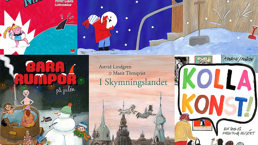 Kollage med böckerna Kan man...?, Snöbollen, Bara rumpor på julen, I Skymningslandet samt Kolla konst!