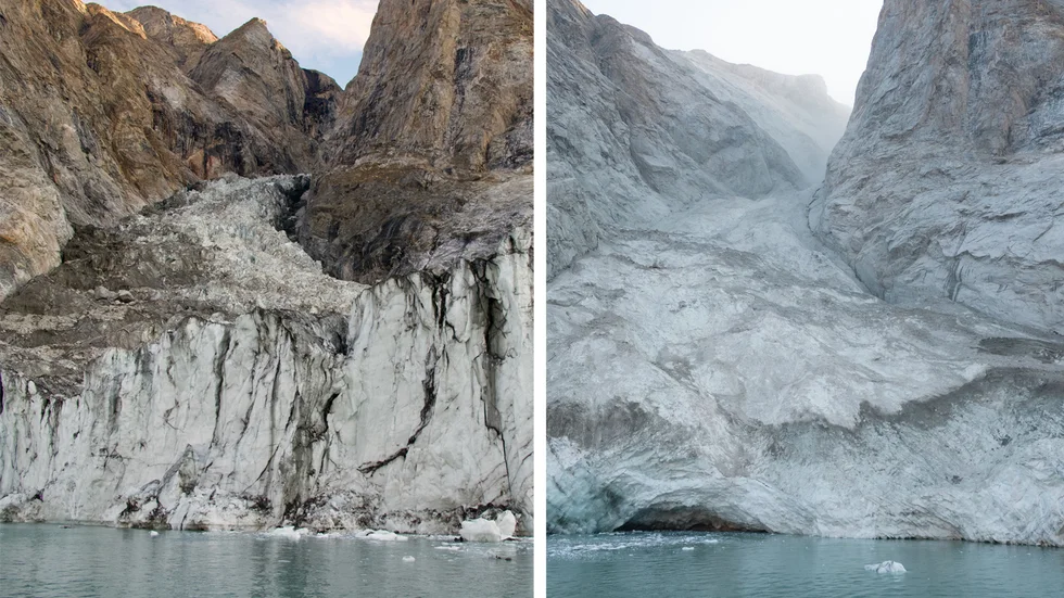 Bergstoppen och glaciären före och efter jordskredet i september 2023.