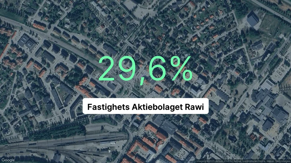 Illustrationen visar rörelsemarginalen för Fastighets Aktiebolaget Rawi för det senaste året. Bakgrunden är en satellitbild över företagets adress.