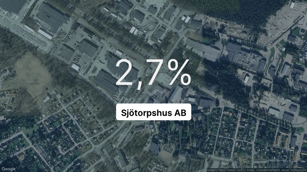 Illustrationen visar rörelsemarginalen för Sjötorpshus för det senaste året. Bakgrunden är en satellitbild över företagets adress.