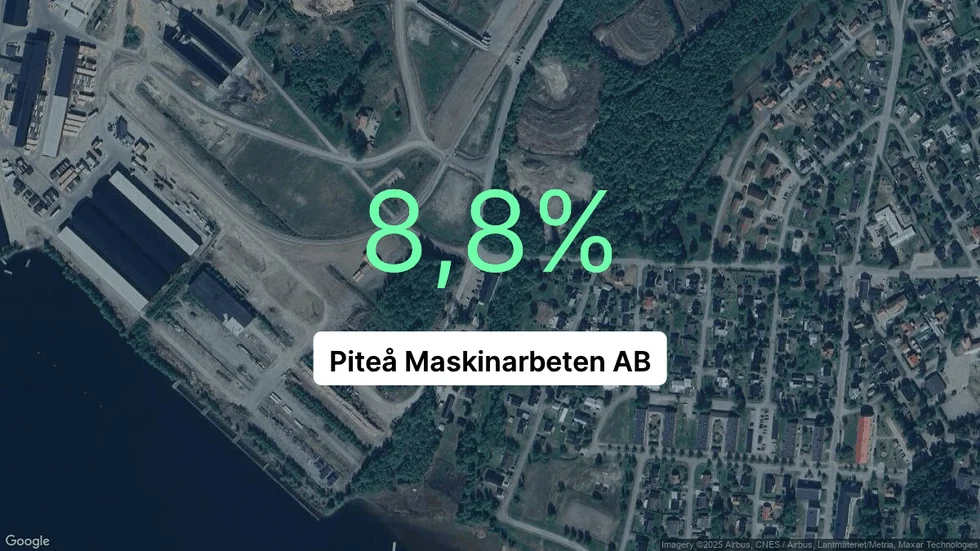 Illustrationen visar rörelsemarginalen för Piteå Maskinarbeten för det senaste året. Bakgrunden är en satellitbild över företagets adress.