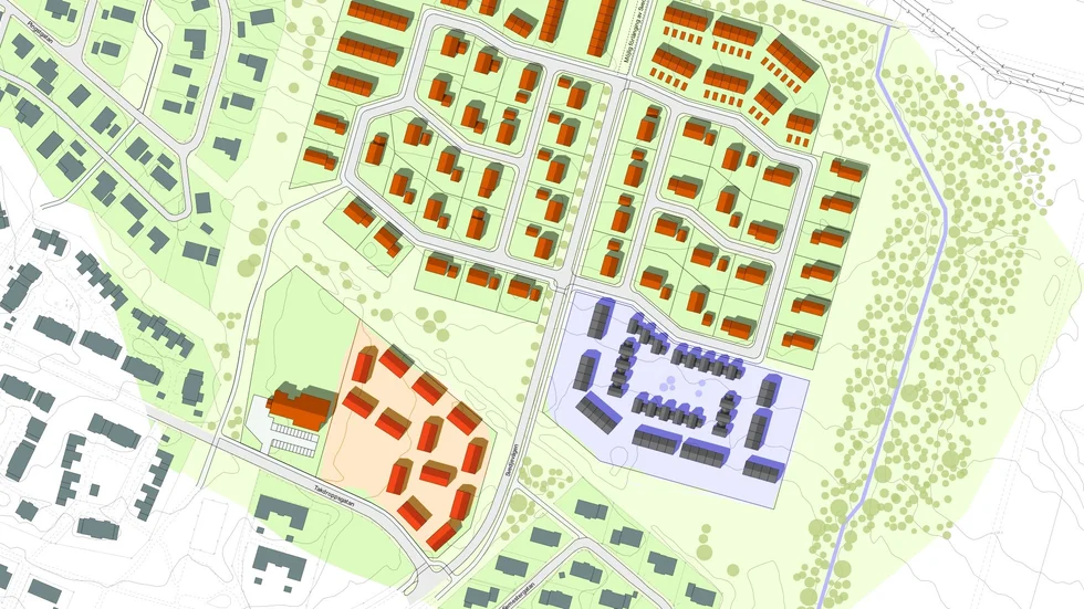 Parhusen ska byggas på tomten som markerats med lila. Sedan tidigare är röda tomten bokad av Skebo. Övriga tomter (bruna hus) har inte kommit till försäljning än. Gröna hus är befintliga.
