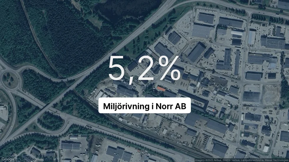Illustrationen visar rörelsemarginalen för Miljörivning i Norr för det senaste året. Bakgrunden är en satellitbild över företagets adress.