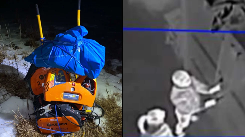 Tjuvarna dumpade den här pirran med stulna verktyg längs flyktvägen. Bilden till höger är hämtad från en övervakningsfilm när inbrottet upptäcktes.