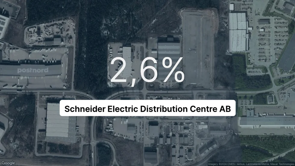 Illustrationen visar rörelsemarginalen för Schneider Electric Distribution Centre för det senaste året. Bakgrunden är en satellitbild över företagets adress.