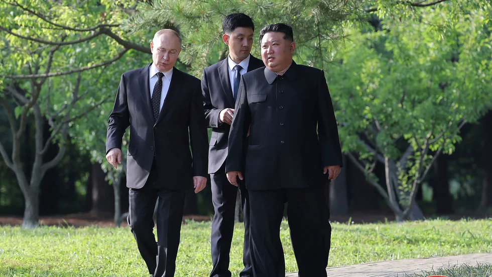 Rysslands president Vladimir Putin och Nordkoreas ledare Kim Jong Un vid ett möte i Pyongyang i juni.