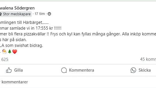 Inlägget efter att insamlingen avslutats.