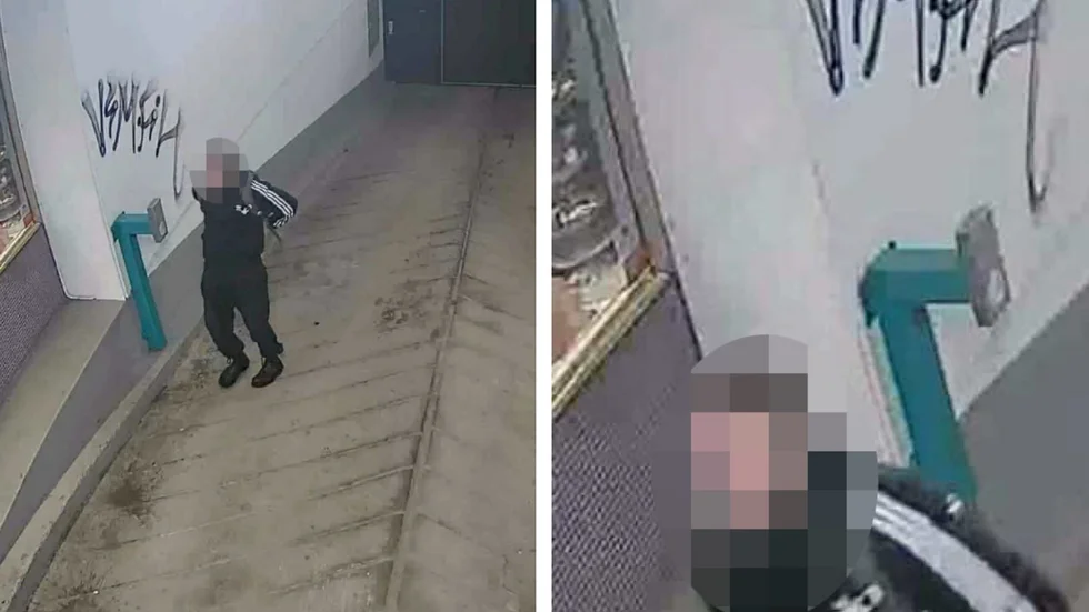 En omaskerad man filmades av en övervakningskamera när han klottrade på en husfasad på Klostergatan. (Bilderna är hämtade ur förundersökningen.) 