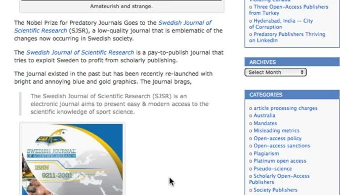 bevarat skärmklipp. I ett inlägg på sin numera nedlagda berömda blogg tyckte bibliotekarien Jeffrey Beall att Swedish Journal for Scientific Research var värd ett "Nobelpris" för rovdjurstidskriften.
