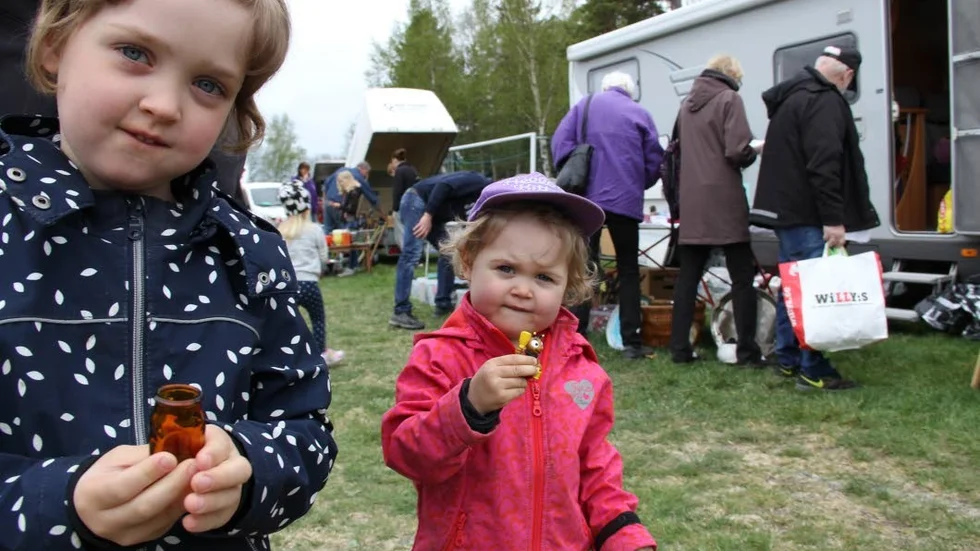 Fyndade. Emelie och Paulina Kraus, 4 respektive 2 år, bor i Hargshamn. De köpte en liten blomvas och ett leksaksbi som hette "Lini" på loppisen i Norrskedika.