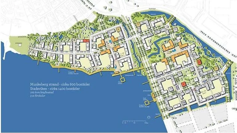 Munkeberg Strand, planerat nytt bostadsområde till vänster om genomfartsleden Bodenvägen. Fem byggherrar söker gemensamt markanvisning för att exploatera området. Kommunen är markägare.