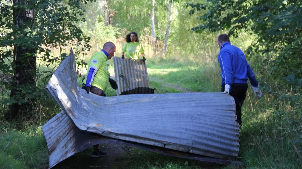 Dennis och Birgitta Liljekvist samt Kent årne släpar i väg med gamla galvaniserade plåtar.