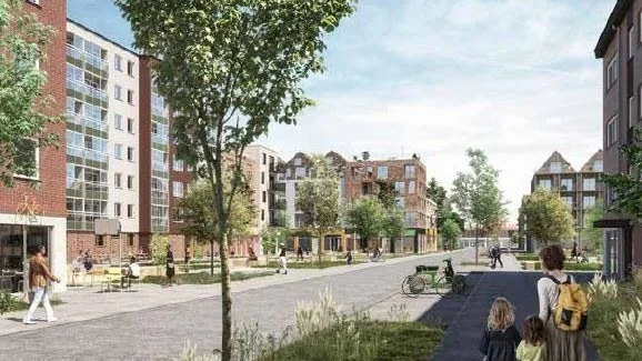 Nya och befintliga hus på Bandstolsvägen, mot Bäcklösaskolan. Idébild i kommunens programförslag till omvandling av Gottsundaområdet.