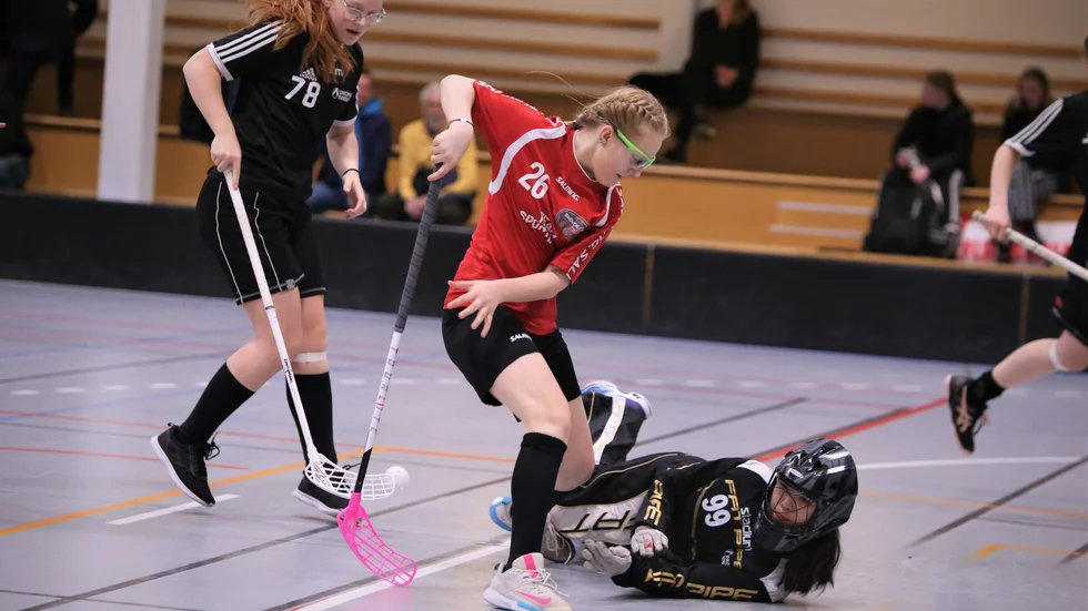 Libks match mot Skövde svängde rejält. Här är det Libks Thilda Karlsson-Thorbjörk och Elin Olsson som försöker stoppa Skövdes forward. Matchen slutade 2-0 till bortalaget Skövde.