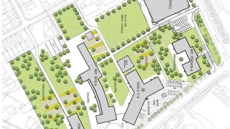 Illustration av utbyggnadsplanerna vid Almtunaskolan. Björkgatan i skissens nederkant.