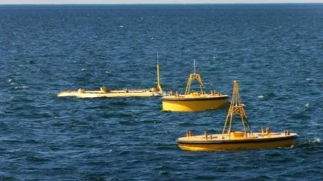 Testanläggning för vågkraftverk vid Islandsberg utanför Lysekil. Bojarna är kopplade till generatorer under havsytan.