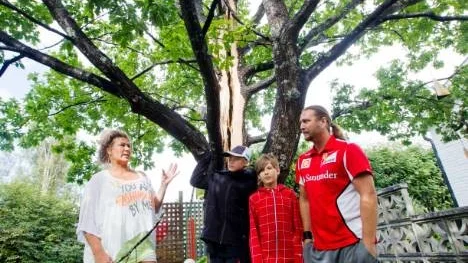 Elenor Häggström, Tony Gustavsson, Linus Häggström och Patrik Häggström framför eken. Tony och Linus var inte där när det inträffade men de hade sett blixten slå ner från håll.