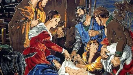 Konst med budskap. Jesusbarnet tittar ut över vardagsrummet.
