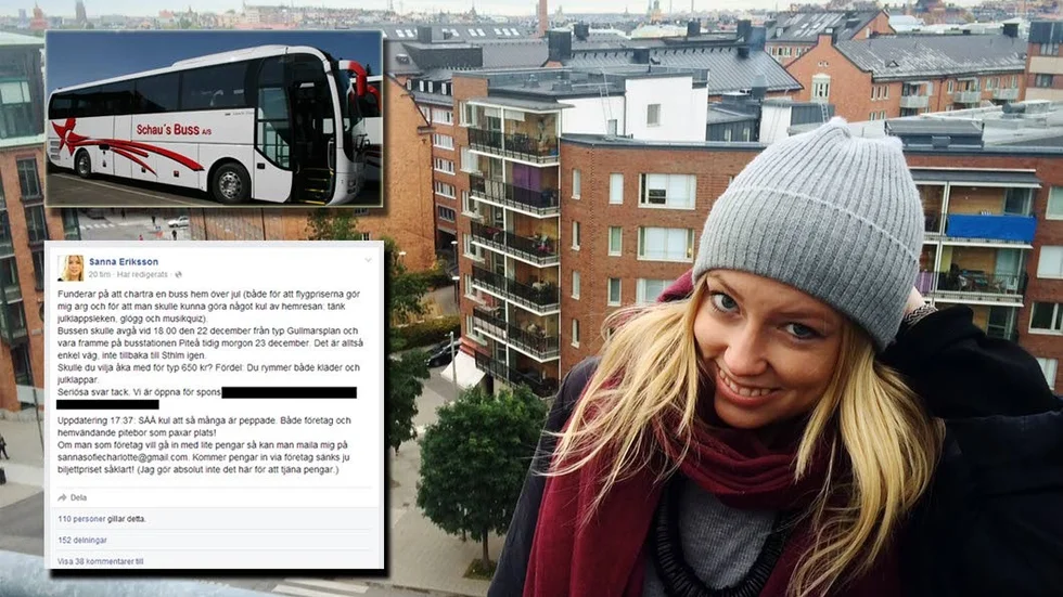 Hemvändaridé. Sanna Erikssons initiativ att hyra en buss och fylla den med norrbottningar som vill hem till jul har tagits emot bra och hennes inlägg på facebook fick stor spridning.