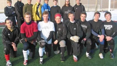 Fjolårets Älvsbyspelare i division 4 (bakre raden) backas upp av åtta nyförvärv i år: Från vänster Pedro Teixeira, Johan Stenvall, Erik Sundberg, Johan Häll, Viktor Granberg, Tommy Öhman, Martin Öhlund och Simon Häggström.