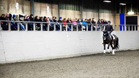 Hett. Det var fullsatt på läktaren under söndagens dressyrclinic på Luleå Ridklubb. Dressyrstjärnan Kristian von Krusenstierna inledde dagen med en uppvisning på hästen Dacapo. Foto: Sabina Nilsson