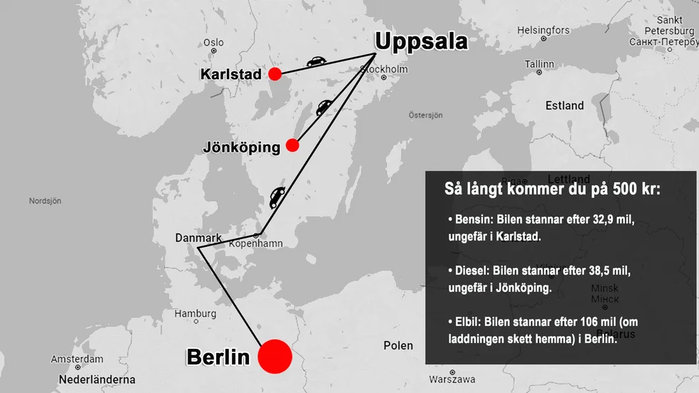 I teorin skulle en elbil som laddats hemma kunna åka nästan hela vägen till Berlin på 500 kronor.