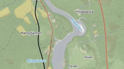 Dragningen. Den nya vägen ritas med svart och den gamla syns i orange.
