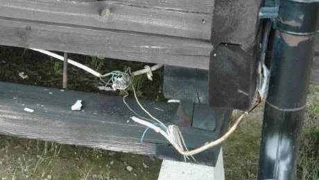 SPÅR. Från tallen via härbret och in till stugan förlyttade sig blixten, efter sig lämnade den sönderbrända elkablar. 
 Foto: Britt-Louise Spets