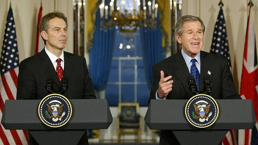 Tony Blair och George W. Bush inför Irakkriget.