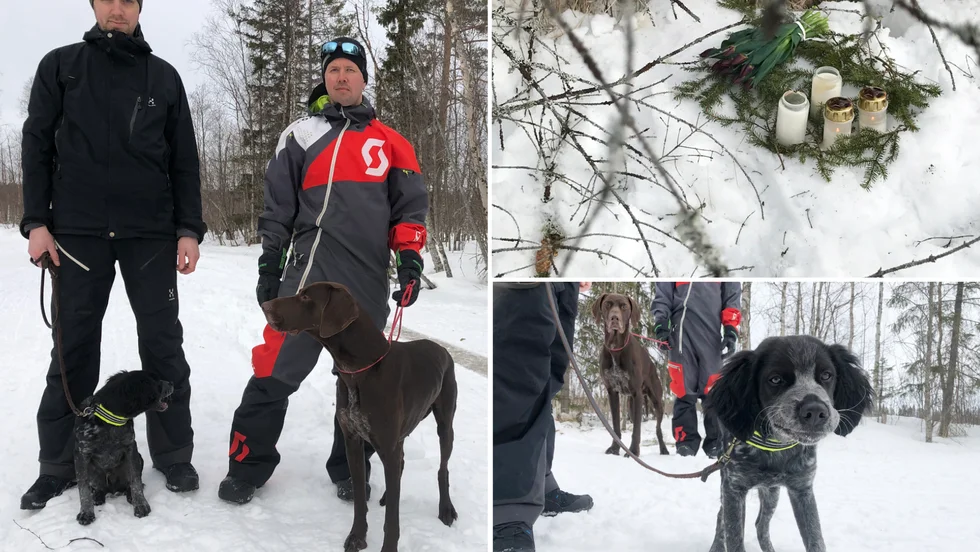 Grannarna Rickard Åhlund och Fredrik Lillbacka hittade den döda kvinnan i Fällbäcken i onsdags, tack vare hundarna Scott och Primus. ”Det känns overkligt”, säger Rickard.
