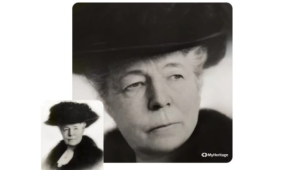 Skärmdump från deep nostalgia-funktionen som företaget My Heritage har lanserat, här med en bild på författaren och Nobelpristagaren Selma Lagerlöf.