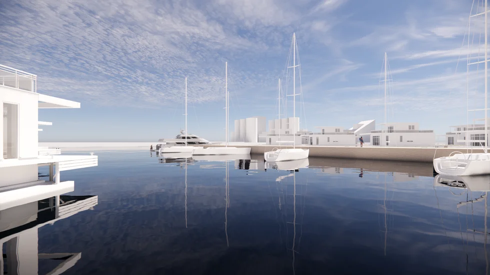 Skisser som Tengbomgruppen presenterat över hur ett område med flytande villor i Limhamn, Malmö, skulle kunna se ut.